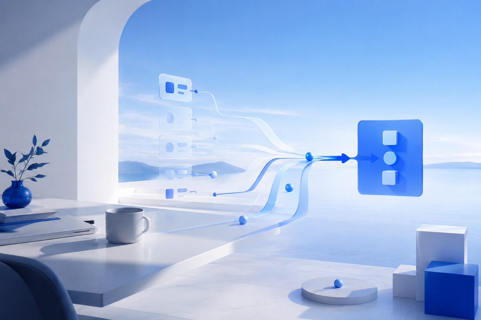 A calm blue workspace where several software options converge into one clear choice